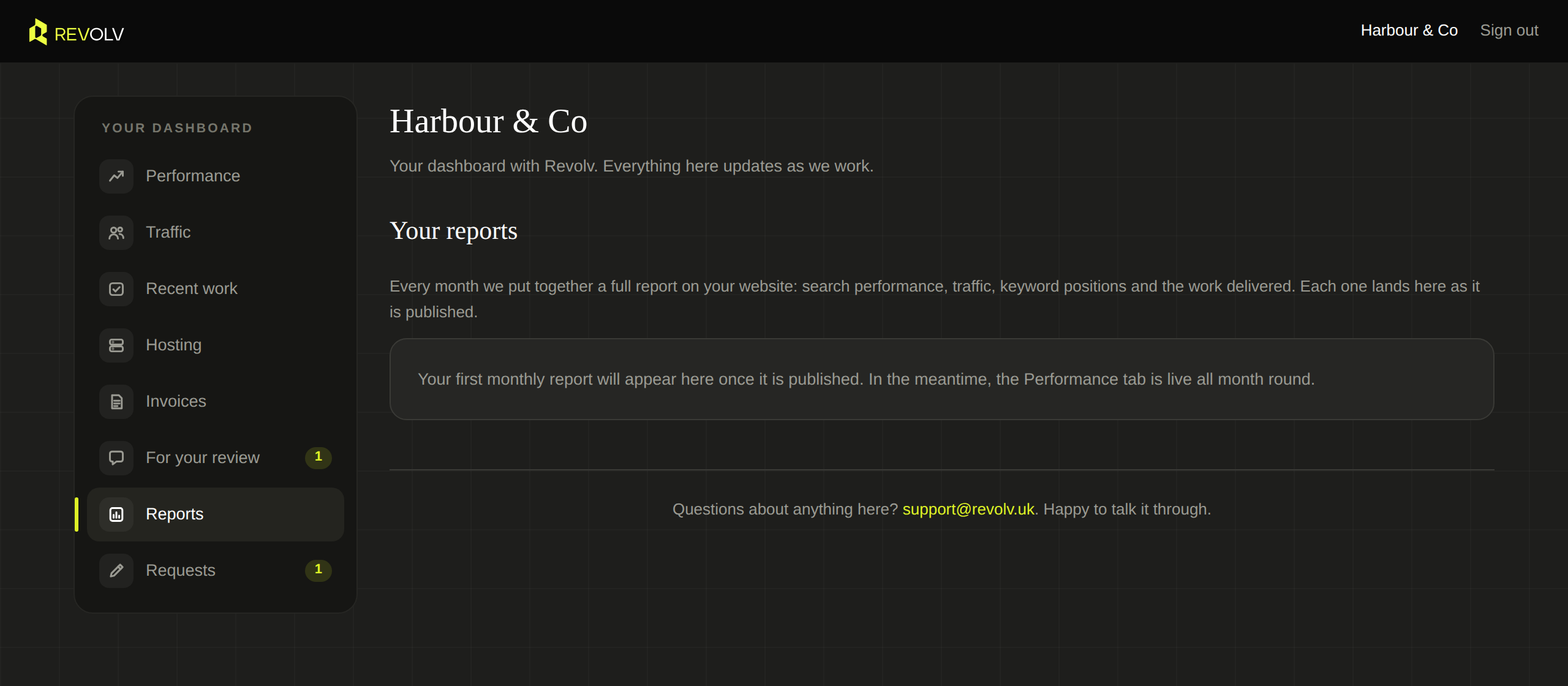 The client dashboard, shown with example data