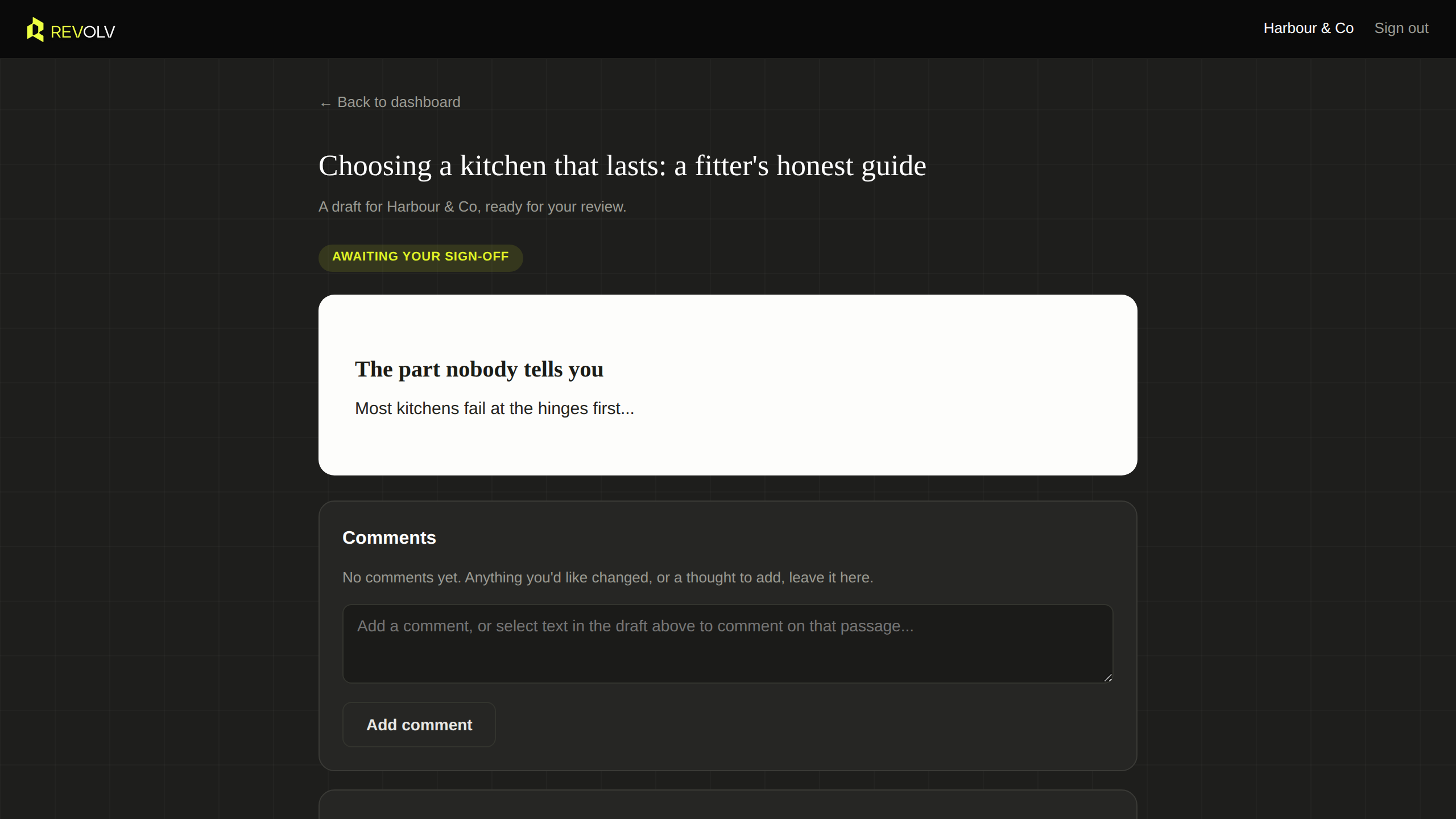 The client dashboard, shown with example data